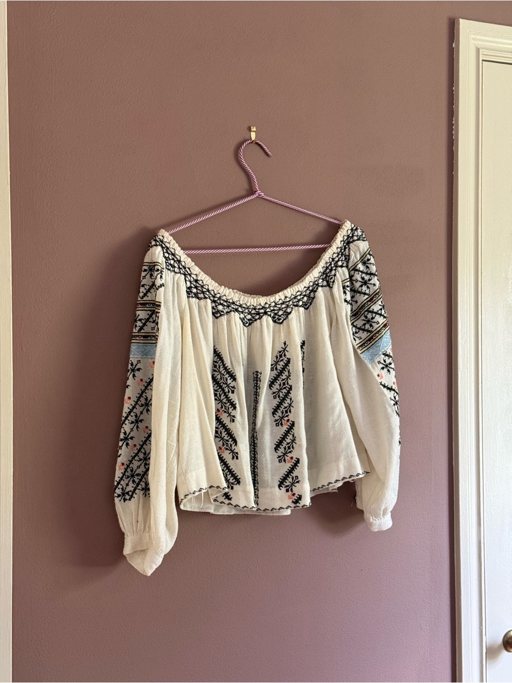Embroidered Off-Shoulder Free People Top - Cream with Black & colorful Detailing